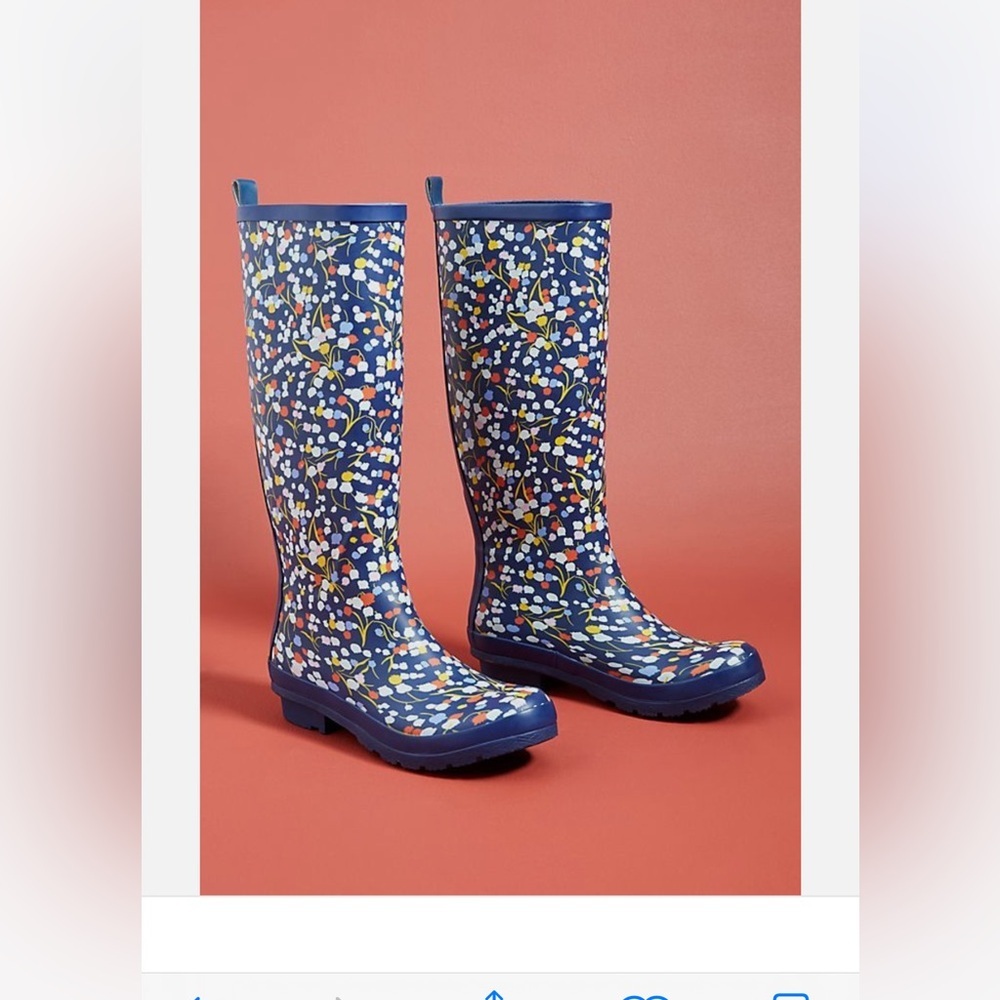 nwot/nwob anthropologie navy floral Women's Rain Boots 7 - Picture 2 of 16